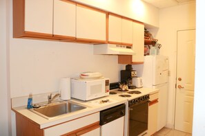 Une cuisine compacte équipée d’un évier, d’un four à micro-ondes, d’une cuisinière et d’un lave-vaisselle.