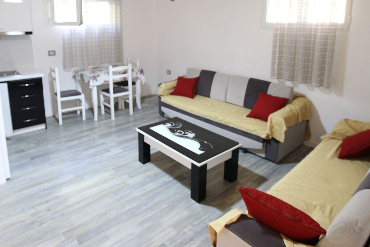 A living room with a sofa, a coffee table, a dining table with chairs, and a kitchen area.