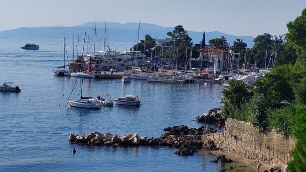 A marina with boats docked, a stone wall, and buildings in the background.