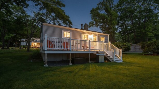 A two-story house with a covered porch and a small deck, surrounded by a well-maintained lawn and trees.
