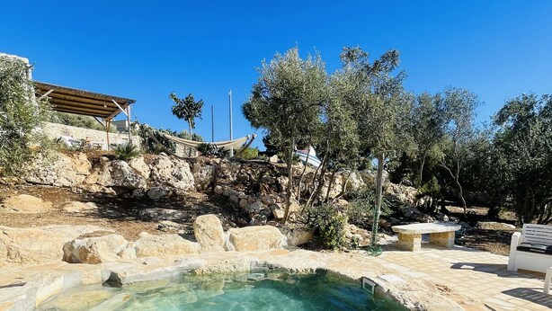 Una piscina cristalina rodeada de terreno rocoso y olivos.