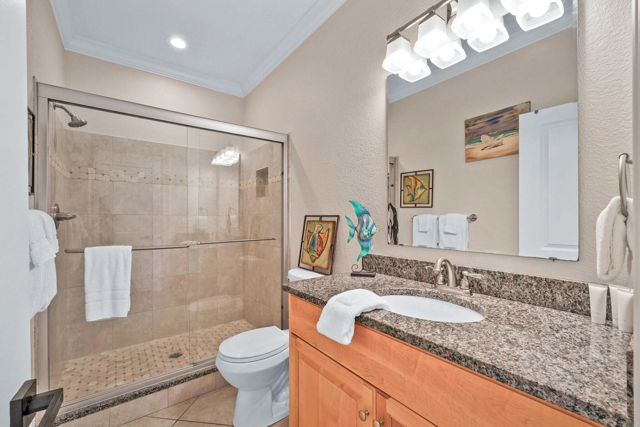 A modern bathroom with a glass-enclosed shower, a white toilet, a granite countertop sink, and wooden cabinets.