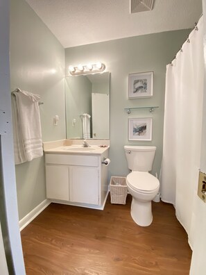 Combined shower/tub, hair dryer, towels, soap