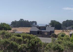A modern house with a sloped roof, surrounded by dense shrubbery and a view of the ocean. - Sea Watch - Hot Tub & Ocean Deck Views (Sea Ranch)