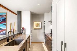 A modern kitchen with a built-in sink, wooden cabinets, and a framed picture on the wall.