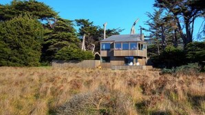 A two-story building with a flat roof, surrounded by tall trees and dry grass.