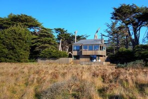 A two-story building with a flat roof, surrounded by tall trees and dry grass.