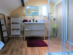 Hair dryer, towels, toilet paper