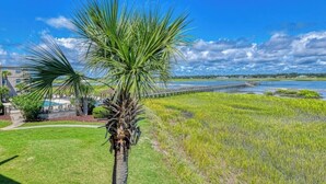 A coastal landscape with a palm tree, a pier, and a grassy area. - Inlet Pointe 33, two-bedroom, two-bath Inlet/channel-front condo (Garden City Beach)