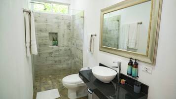 Un baño con ducha de vidrio, inodoro blanco, encimera negra con lavamanos y espejo con marco dorado.