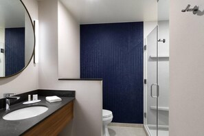 Un baño moderno con un espejo grande, un lavamanos y un inodoro.