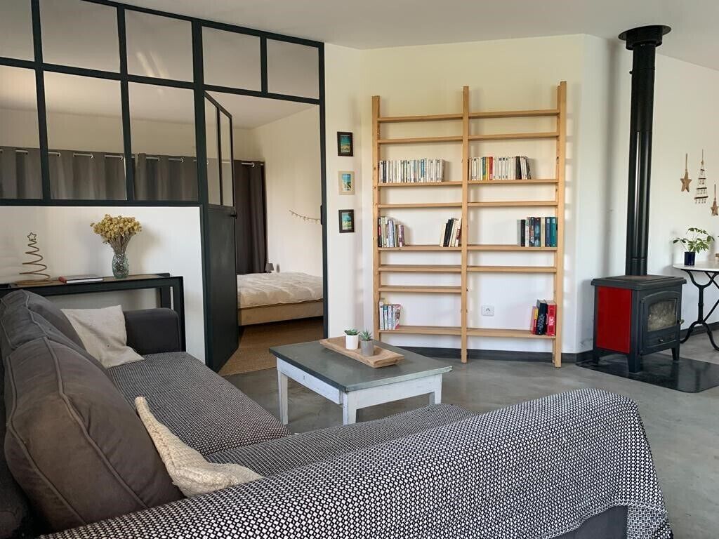 Un salon moderne avec un canapé, une table basse, une bibliothèque et une cheminée.