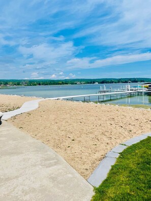 On the beach, sun-loungers, beach towels
