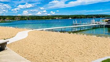 On the beach, sun-loungers, beach towels