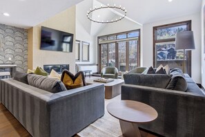 Smart TV, caminetto, lettore DVD, biblioteca musicale