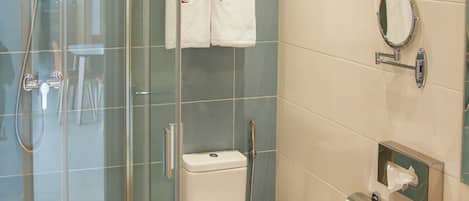 A modern bathroom with a glass shower enclosure, a toilet, a sink, and a mirror.