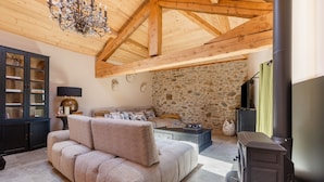Ein gemütliches Wohnzimmer mit Steinwand, einer Couch, einem Schrank und einem Kamin.
