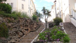 Eine Steintreppe mit Wasserspiel und Bepflanzung oben.
