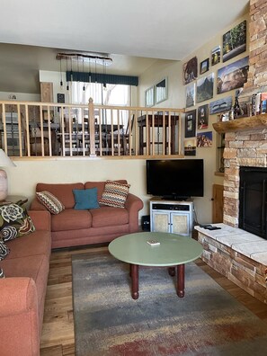 Televisión, chimenea, reproductor de DVD y monitor de computadora 