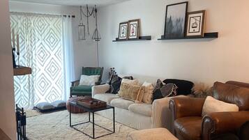 TV, fireplace, DVD player, books