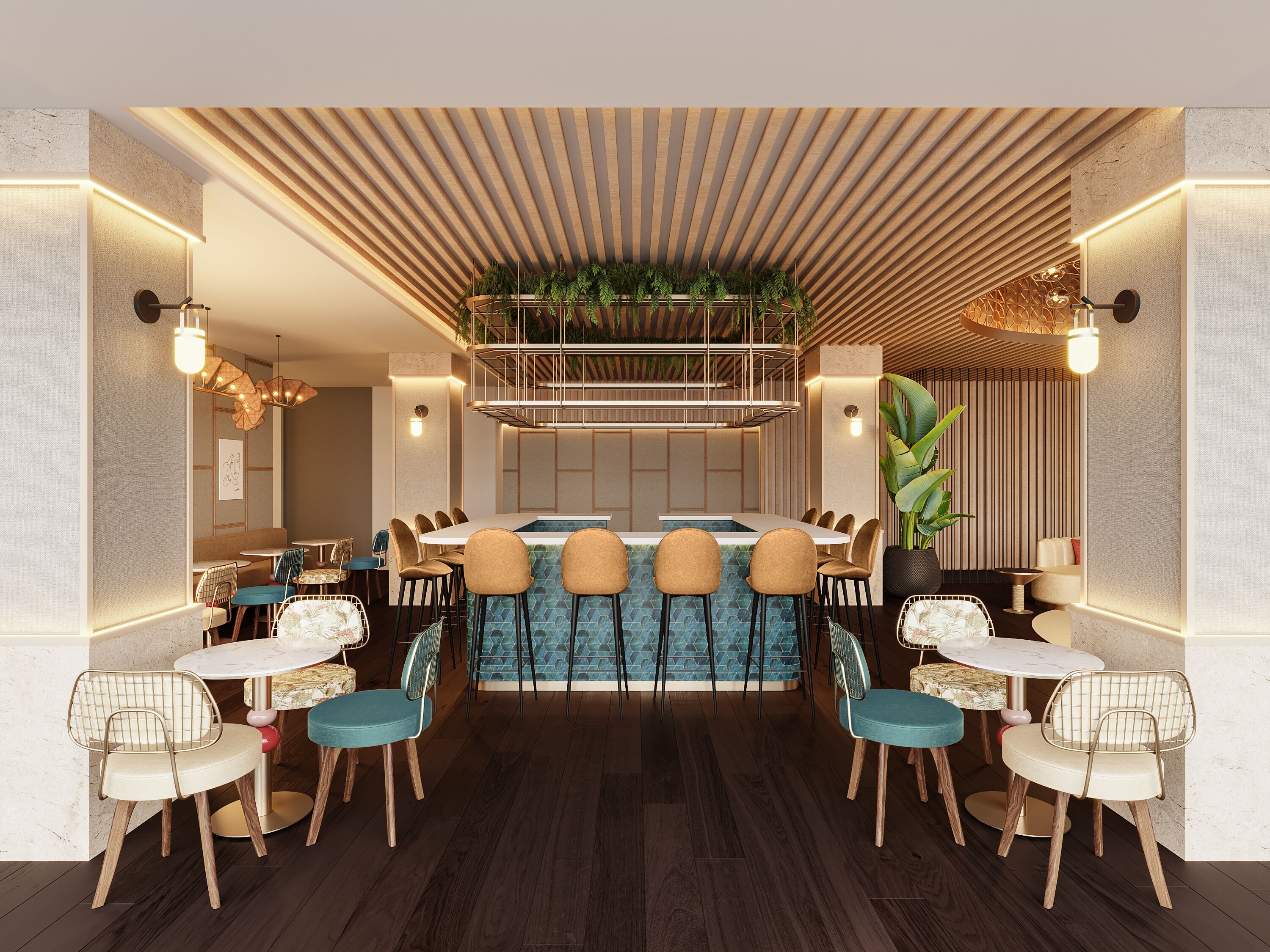 A modern restaurant with a central bar, multiple seating options, and a ceiling with a wooden slat design.