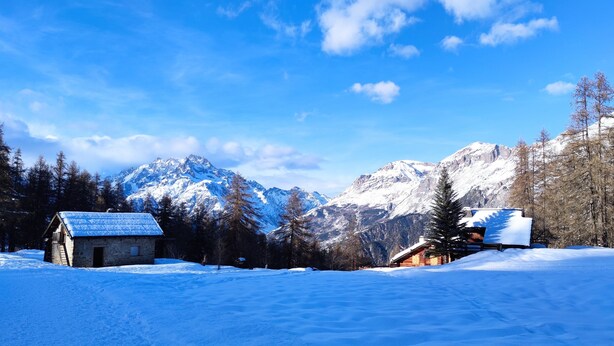 Paesaggio innevato con due baite di legno, una con tetto spiovente e l'altra con tetto a capanna, circondate da alberi e montagne sullo sfondo.