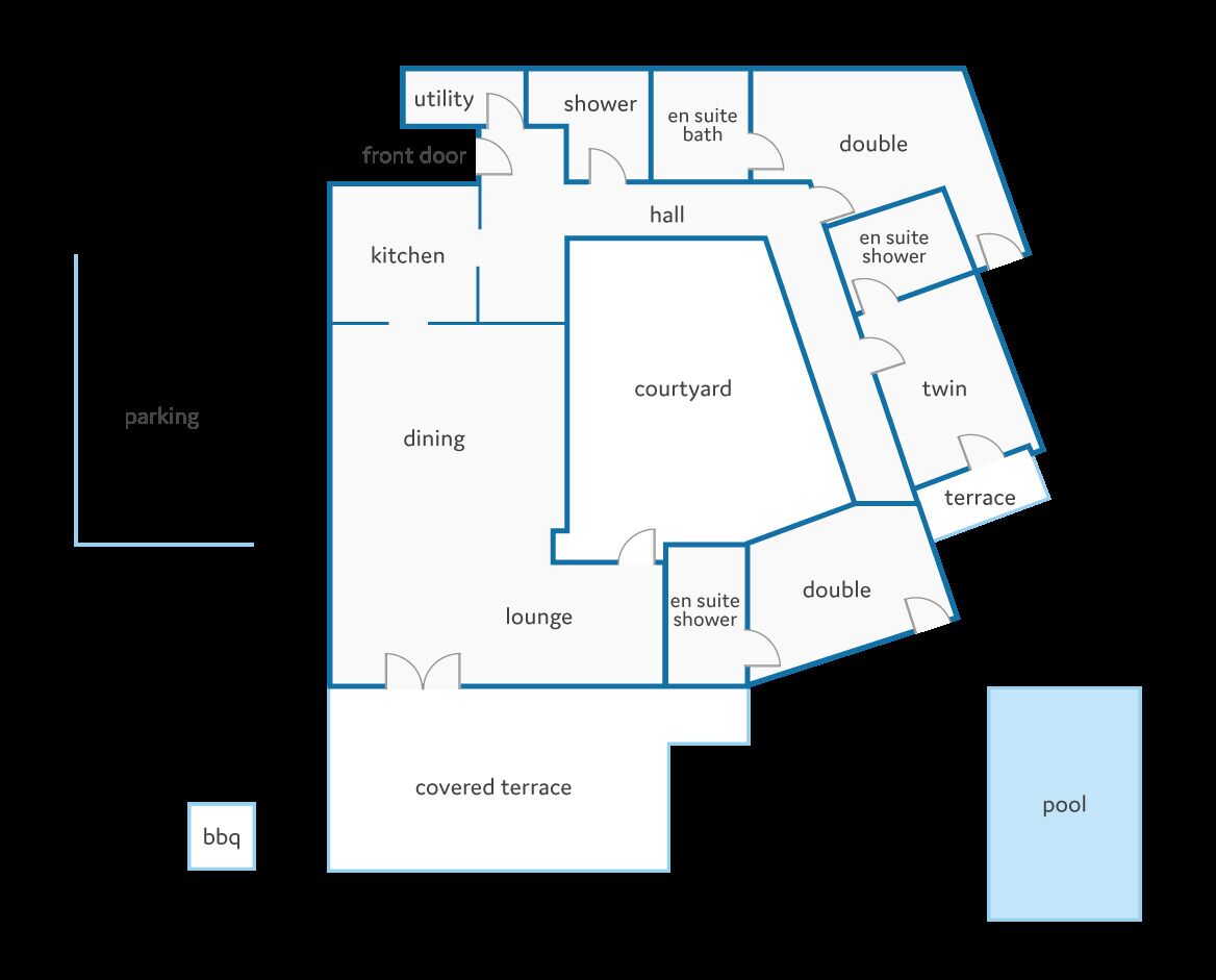 A hotel layout with a covered terrace, dining, lounge, kitchen, utility, shower, en suite bathroom, courtyard, twin room, double room, terrace, and a pool.
