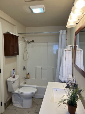 A bathroom with a toilet, shower, and sink. - Great downtown Sandpoint location! (Sandpoint)