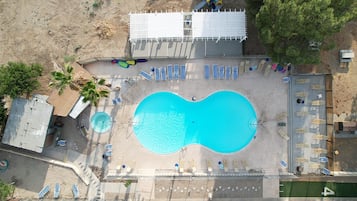 Indoor pool, outdoor pool, pool umbrellas, sun loungers