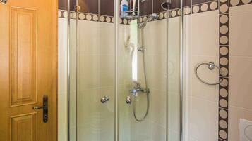 A shower enclosure with a glass door, a toilet, and a wooden door.