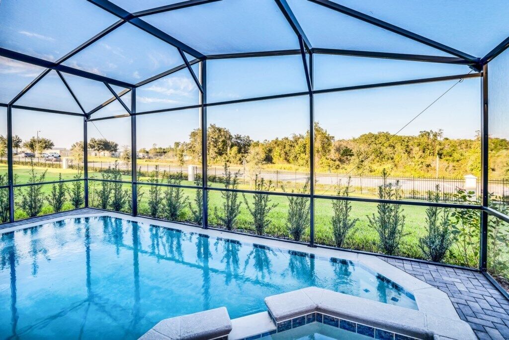 A heated pool, pool loungers