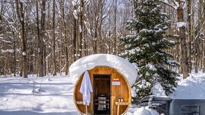 A wooden cabin with a snow-covered roof, a door, and a small porch area with a bench and a coat hanging on the door. - Beautiful chalet on 5 acres - 2 min to Village!👌 Hot-Tub, Sauna, Fire Pit🔥 (Ellicottville)