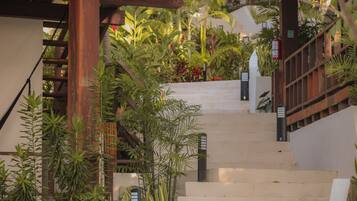 A staircase with a wooden railing, surrounded by lush green plants and flowers.