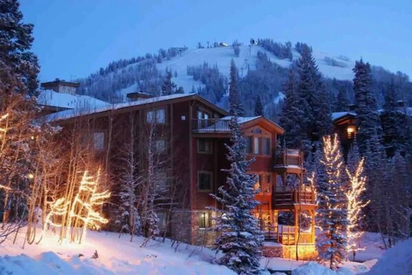 A lodge with multiple floors, surrounded by snow-covered trees and a mountain backdrop.