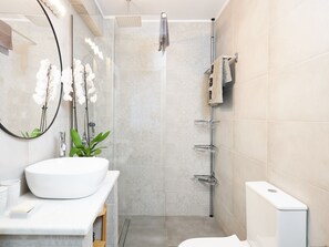 Hair dryer, towels, soap, shampoo