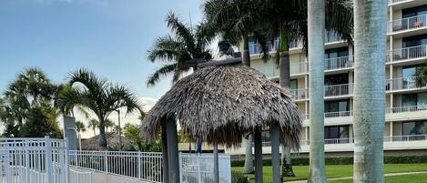 A thatched gazebo, palm trees, a white fence, and a multi-story building with balconies.