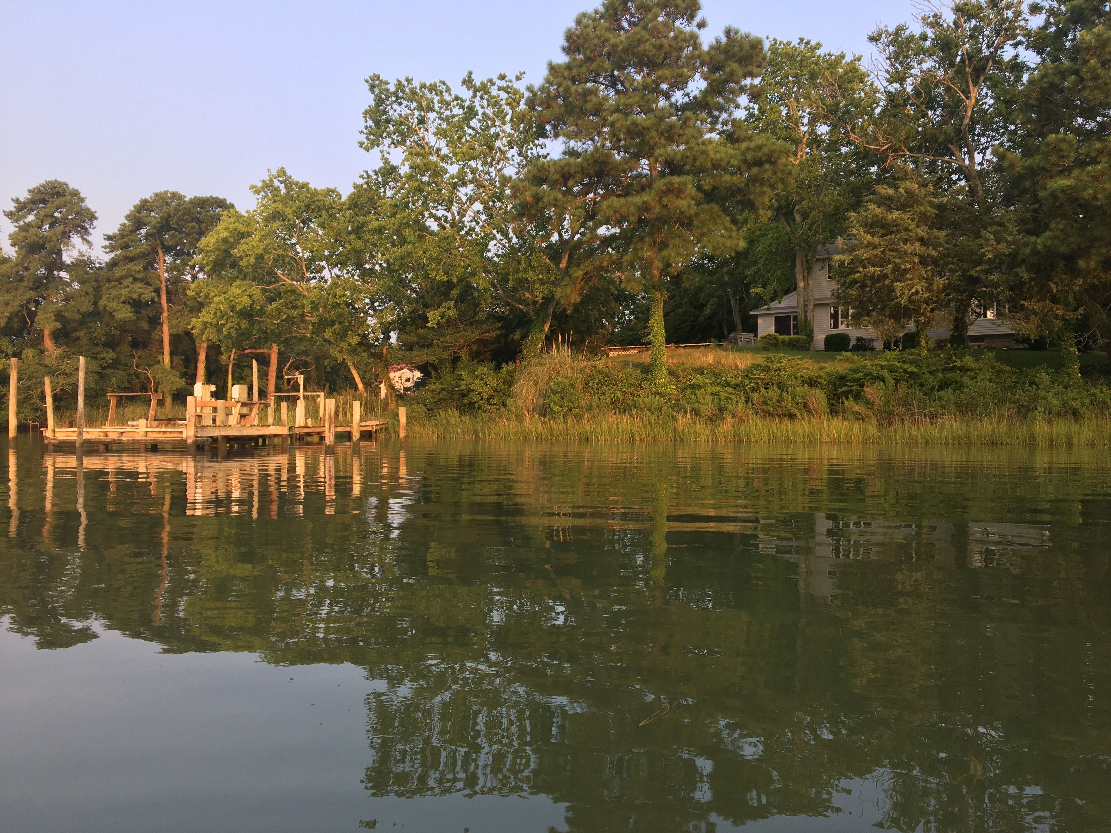 A calm lake with a wooden dock and a house in the background.