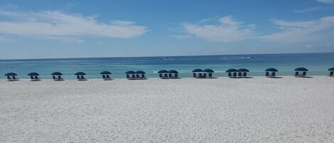 On the beach, sun-loungers