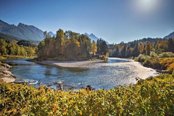 A river flowing through a forested valley with mountains in the background.