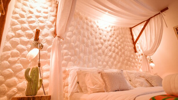 A bedroom with a stone wall, a cactus on a wooden stand, and a canopy bed. - EcoCharme Pousada Netuno (Fernando de Noronha)