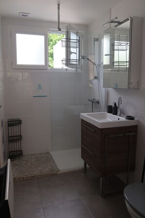 Shower, jetted bath, hair dryer, towels
