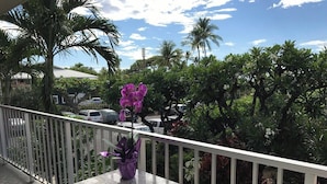 Ein Balkon mit Geländer, ein Blumentopf mit violetten Blüten und Blick auf Palmen sowie geparkte Autos.