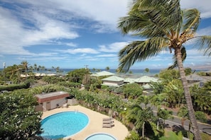 A resort with a swimming pool, palm trees, and a view of the ocean. - Puako Condo 205 ~ 3 BR ~ Renovated ~ Pool (Waimea)