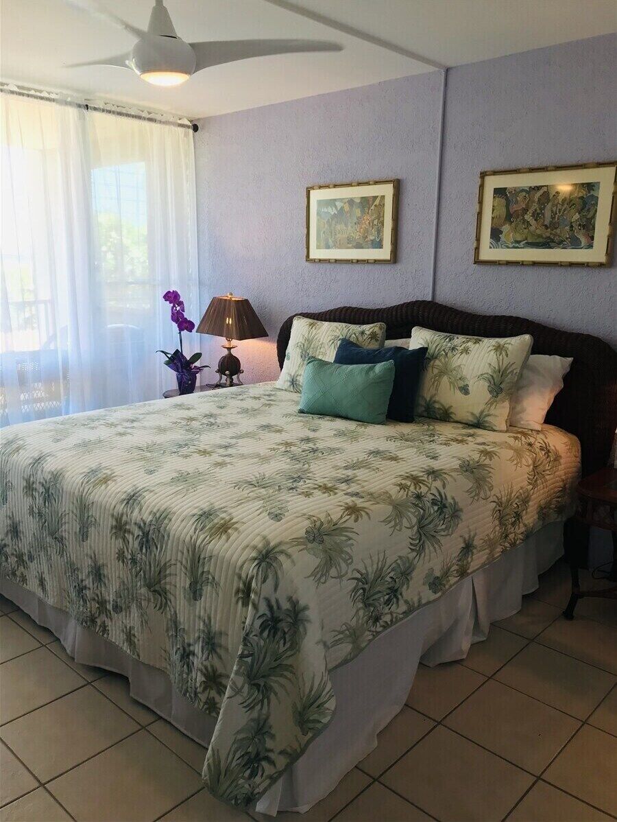 Un dormitorio con una cama, un ventilador de techo, una ventana con cortinas y dos cuadros en la pared.