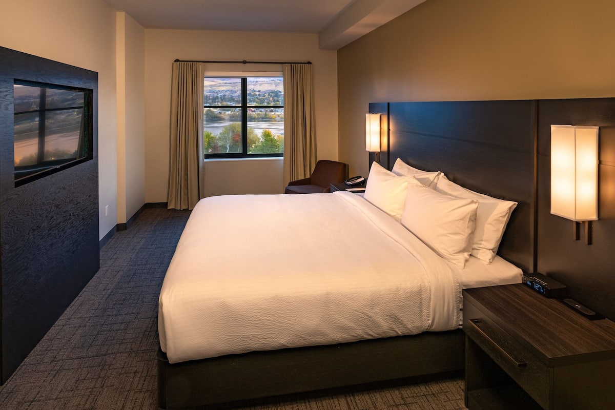 A hotel room with a large bed, a nightstand, a chair, a window with a view, and a wall-mounted lamp.