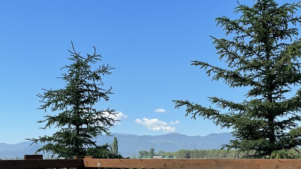 Una terraza de madera con vistas a montañas y árboles.