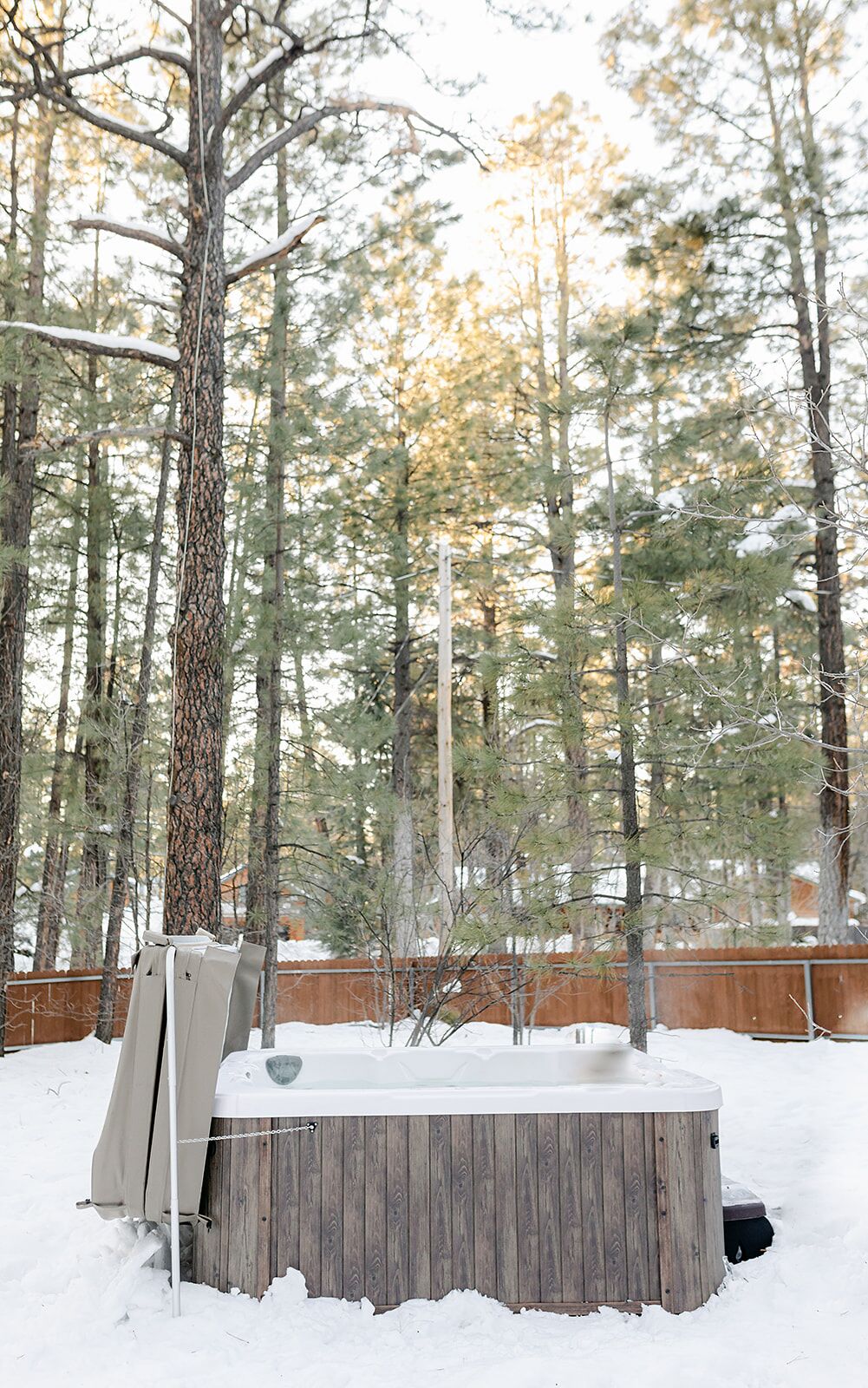 Een hottub in een besneeuwd bos.