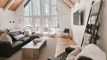 Smart TV, fireplace, books, offices