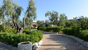 A paved pathway leading to a building surrounded by greenery and trees. - Bungalow with pool and barbecue (Vieste)