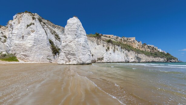 A beach with white cliffs and a building on top. - Bungalow with pool and barbecue (Vieste)
